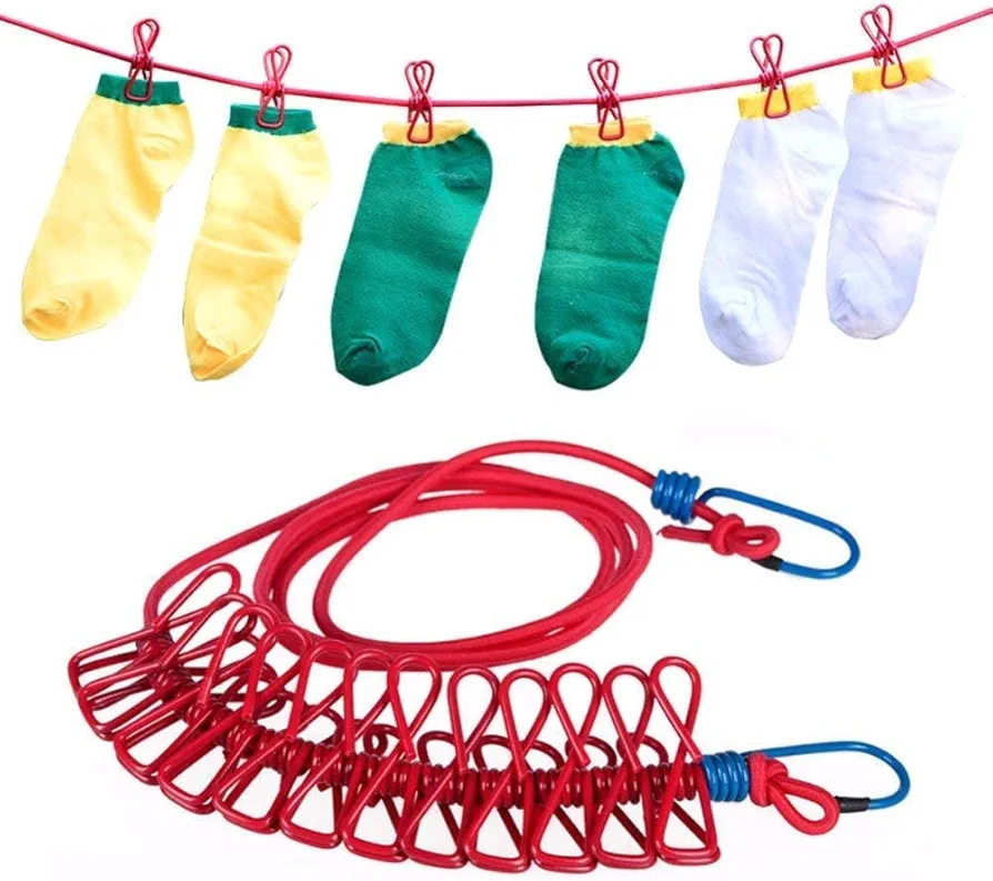 Cloth Rope with Clip Portable Multi Functional Drying Rope with 12 Clip Outdoor Travel Clothesline Rope Clothes Hanging Hook 