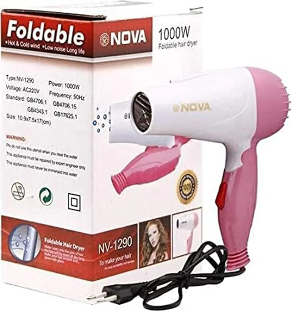 NEW Nova Nv-1290 1000 Watts Foldable Hair Dryer For Women Professional Electric Foldable Hair Dryer With 2 Speed Control,Multicolor