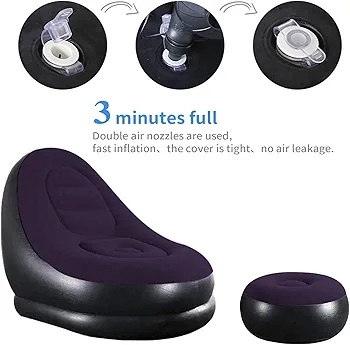 2-in-1 Lounge Inflatable Chair Set Portable Recliner with Air Pump, and Footstool, Outdoor Folding Lounger Flocking Lazy Couch, Air Sofa Chair and Stool