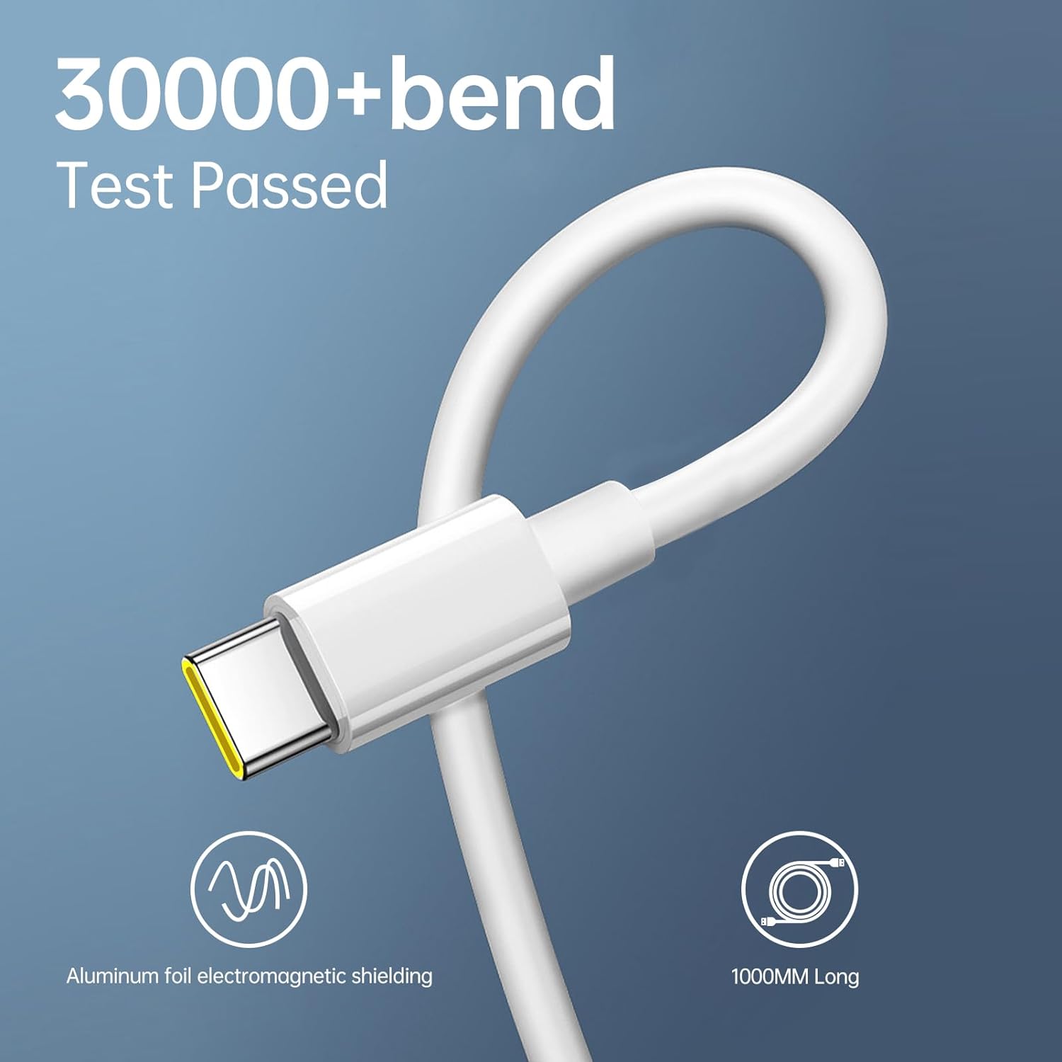 SHKOD Unbreakable 67W / 5A Fast Charging 1000mm Long Braided Type C Cable for Smartphones, Tablets, Laptops & other Type C devices, PD Technology, 480Mbps Data Sync, Quick Charge 3.0 (White)