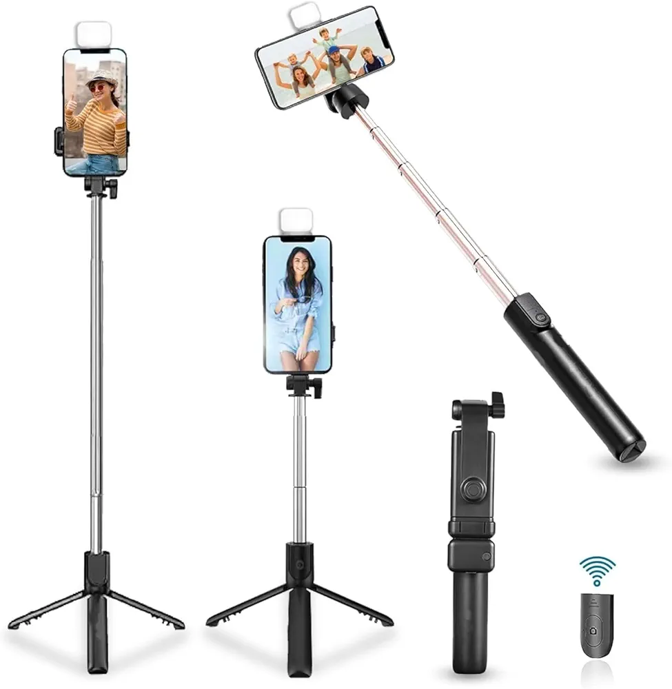 HOLD UP Selfie Stick, Extendable Selfie Stick with LED Fill Light Wireless Remote and Tripod Stand, Portable, Lightweight, big Height extendable 70 cm and Compatible with iphone and Android smartphone