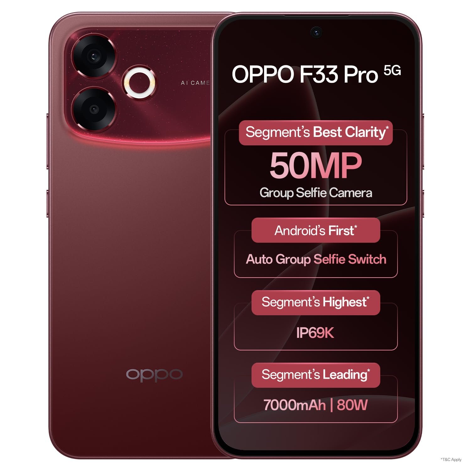 Oppo F33 Pro 5G Smartphone (8GB RAM, 256GB Storage, Passion Red) |50MP Ultrawide Selfie Camera|7000 mAh Long Battery Life | 80W Fast Charging
