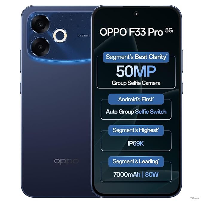 Oppo F33 Pro 5G Smartphone (8GB RAM, 256GB Storage, Starry Blue) |50MP Ultrawide Selfie Camera|7000 mAh Long Battery Life | 80W Fast Charging