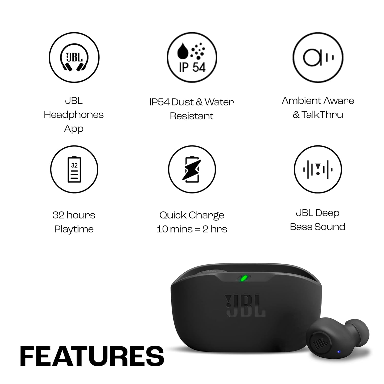 JBL Wave Buds in-Ear Wireless Earbuds (TWS) with Mic,App for Customized Extra Bass Eq,32 Hours Battery&Quick Charge,Ip54 Water&Dust Resistance,Ambient Aware&Talk-Thru,Google Fastpair (Black)