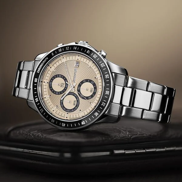 Sonata Chronos Quartz Analog with Date Champagne Dial Silver Colour Stainless Steel Strap Watch For Men