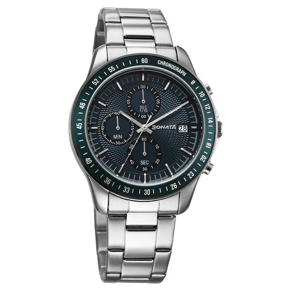 Sonata Chronos Quartz Analog with Date Blue Dial Silver Colour Stainless Steel Strap Watch For Men