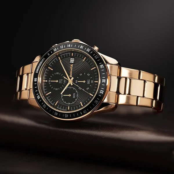 Sonata Chronos Quartz Analog with Date Black Dial Rose Gold Colour Stainless Steel Strap Watch For Men