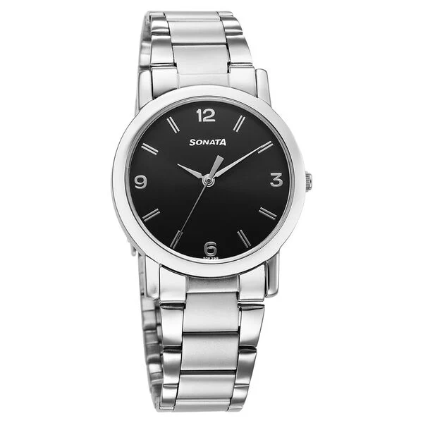 Sonata Classic Quartz Analog Black Dial Silver Stainless Steel Strap Watch for Men