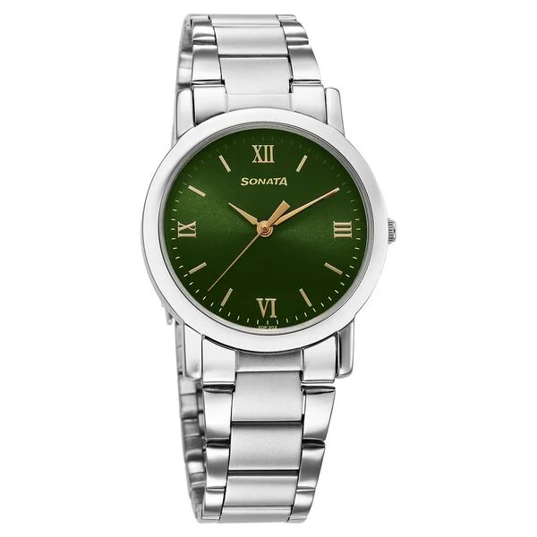 Sonata Classic Quartz Analog Green Dial Silver Stainless Steel Strap Watch for Men - 33 mm Case Size - Small Dial