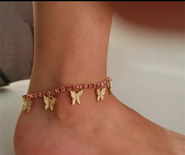 Butterfly rhinestones anklet pink