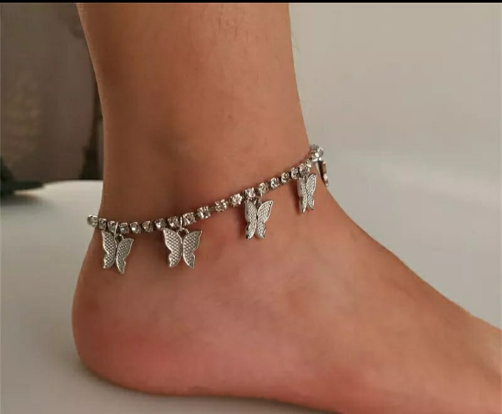 Butterfly rhinestones anklet silver 