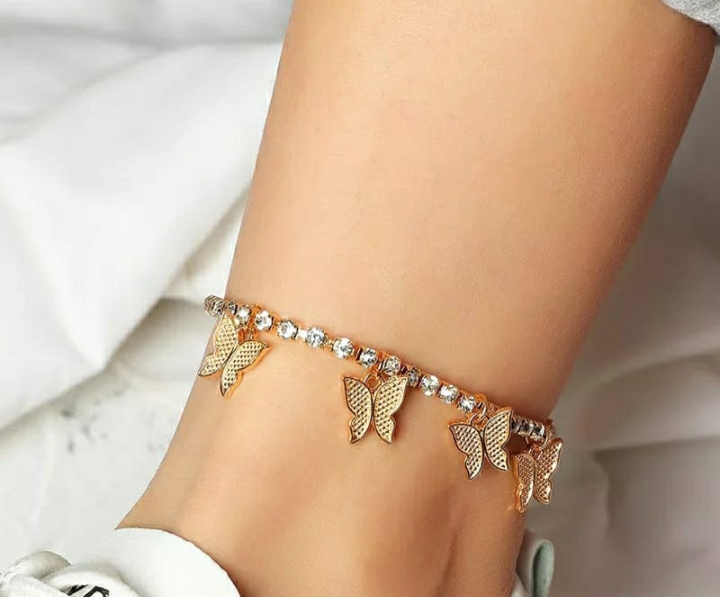 Butterfly rhinestones anklet golden 