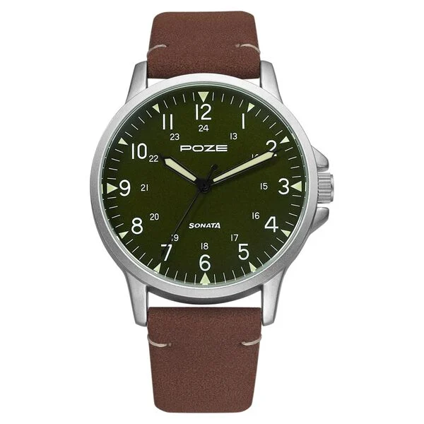 Poze by Sonata Quartz Analog Green Dial PU Leather Strap Watch for Men