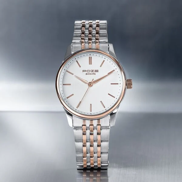 Sonata Poze Quartz Analog White Dial Two Toned Colour Stainless Steel Strap Watch For Men