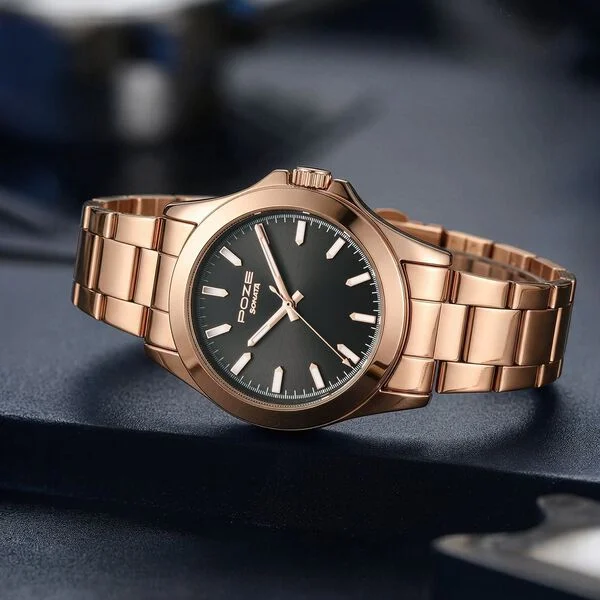 Sonata Poze Quartz Analog Black Dial Rose Gold Stainless Steel Strap Watch For Men